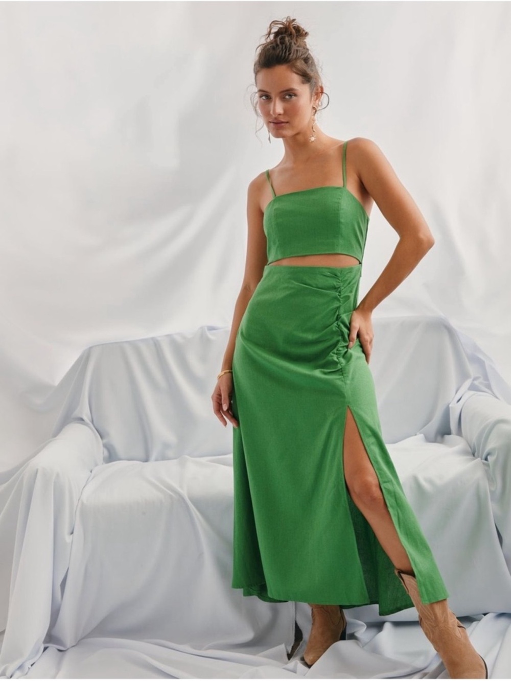 Ruched Green Midi Dress with Side Slit and Thin Straps